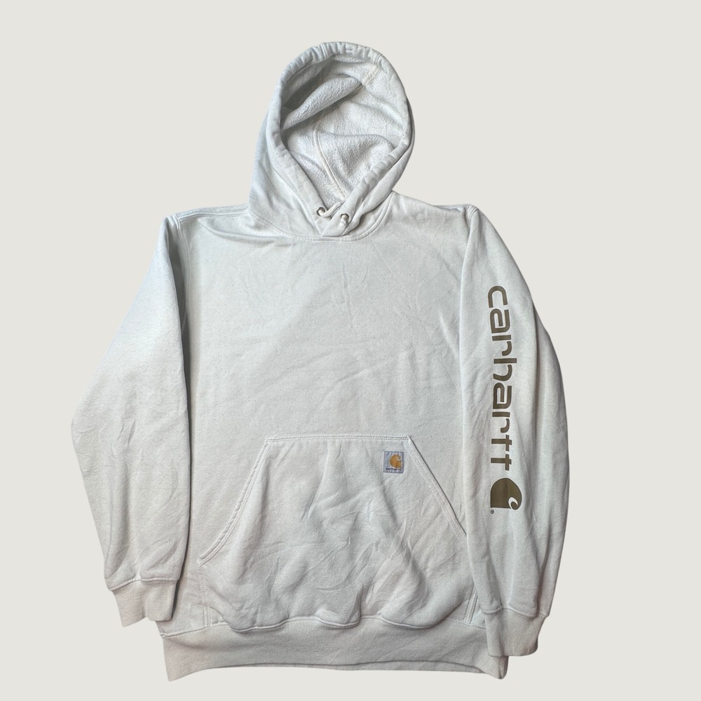 Carhartt Hoodie Mens Large K288 W03 Loose Fit Cream Sleeve Logo EXCELLENT